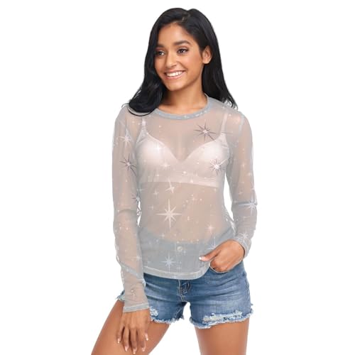 Women's See Through Tops Shirts, Silver Glitter Pattern Shiny